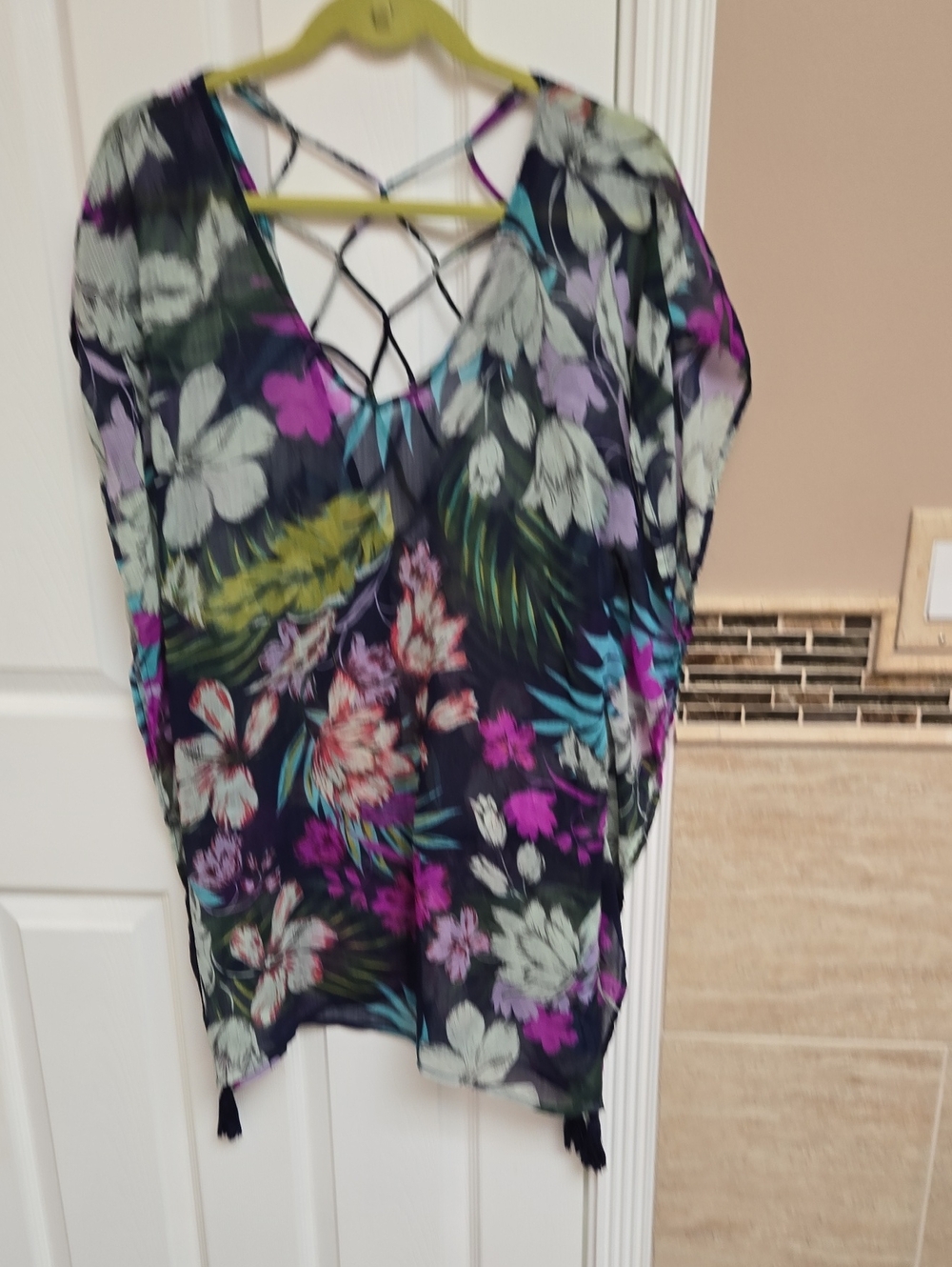Kona Sol Navy Floral Lattice-Back Sheer Cover-Up